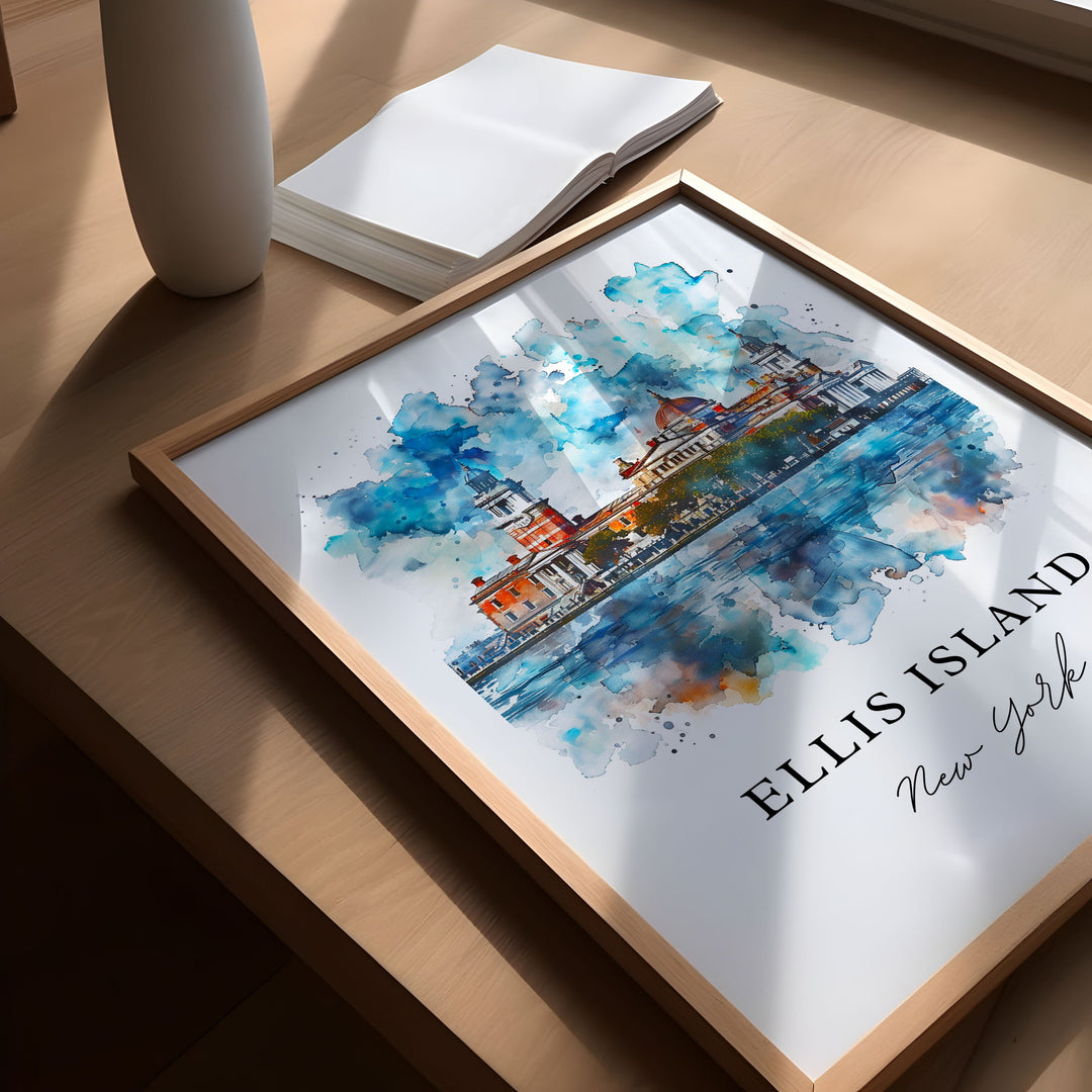 Ellis Island NY Art, Ellis Island Print, Statue of Liberty Watercolor Art, Ellis Island Gift,