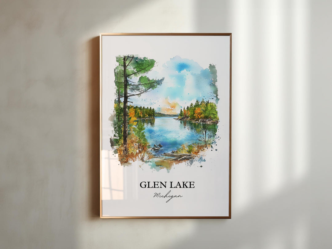 Glen Lake Wall Art, Leelanau Print, Michigan Watercolor Art, Glen Lake Michigan Gift, Travel Print, Travel Poster, Housewarming Gift
