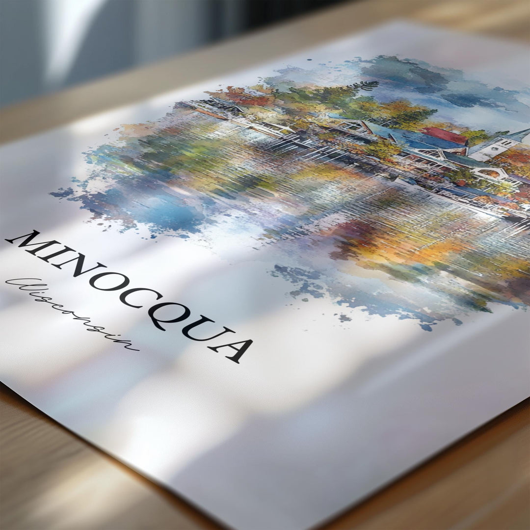 Minocqua WI Wall Art, Oneida County Print, Wisconsin Watercolor Art, Minocqua WI Gift, Travel Print, Travel Poster, Housewarming Gift