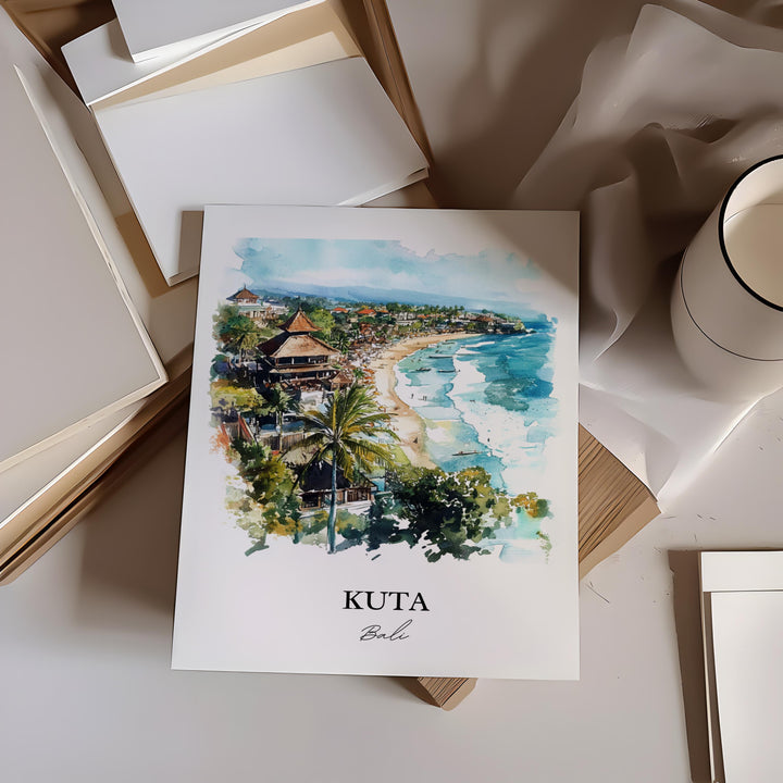 Kuta Bali Wall Art, Bali Print, Bali Watercolor Art, Kuta Bali Gift, Travel Print, Travel Poster, Housewarming Gift