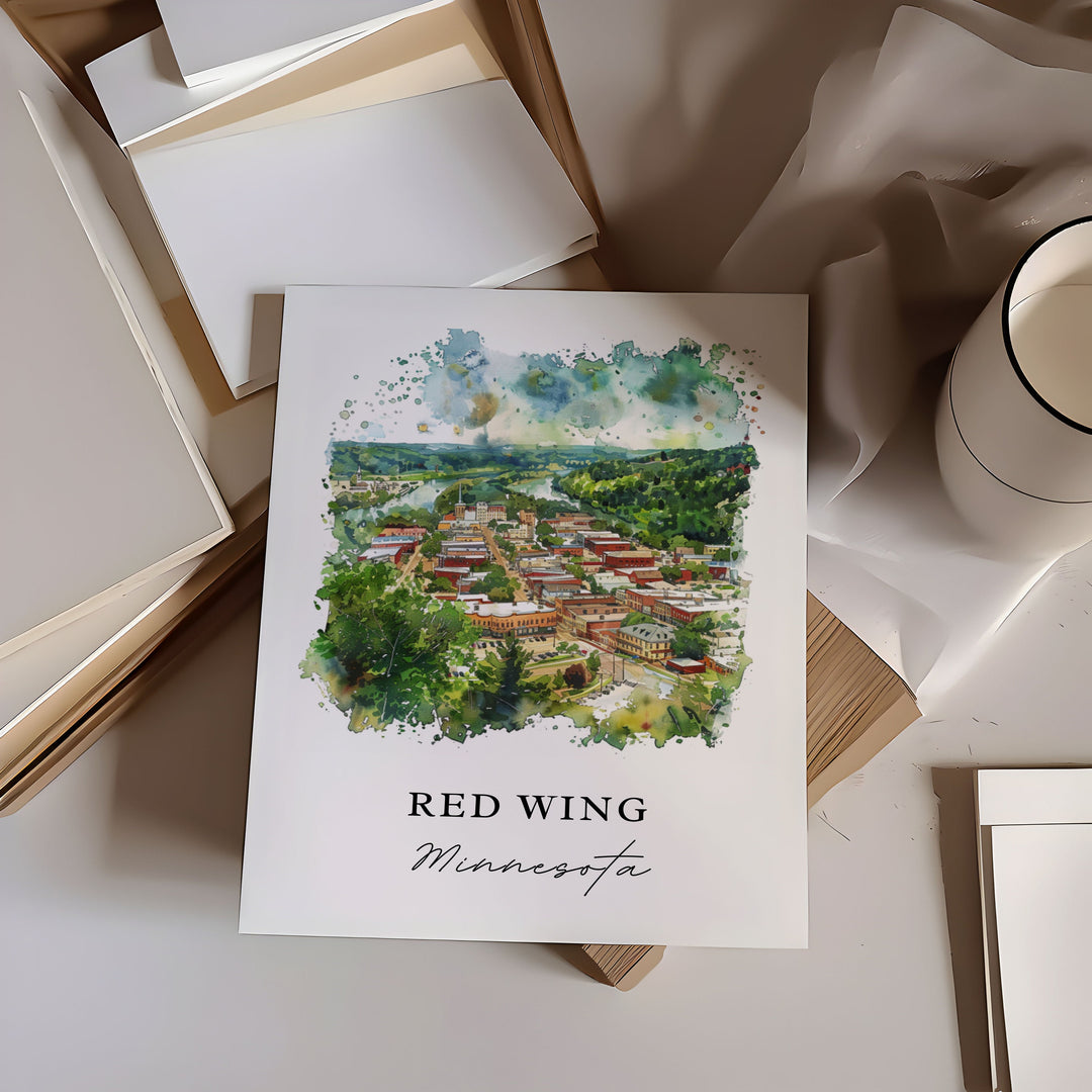 Red Wing MN Wall Art, Red Wing Minnesota Print, Red Wing Watercolor, Barn Bluff MN Gift,