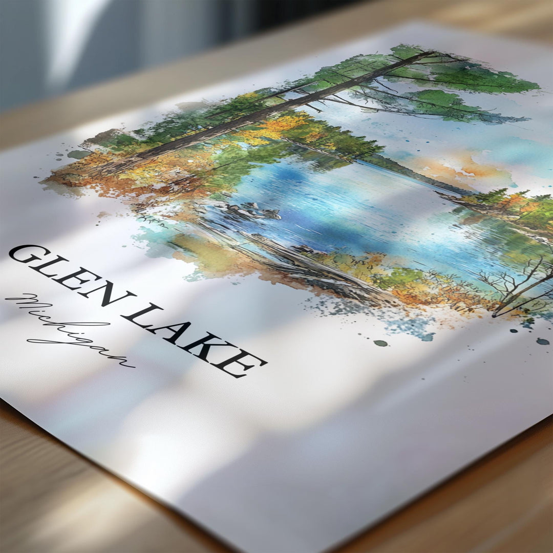 Glen Lake Wall Art, Leelanau Print, Michigan Watercolor Art, Glen Lake Michigan Gift, Travel Print, Travel Poster, Housewarming Gift