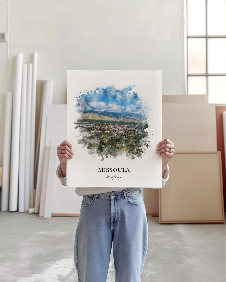 Missoula MT Wall Art, Missoula Print, Missoula Watercolor Art, Missoula Montana Gift, Travel Print, Travel Poster, Housewarming Gift