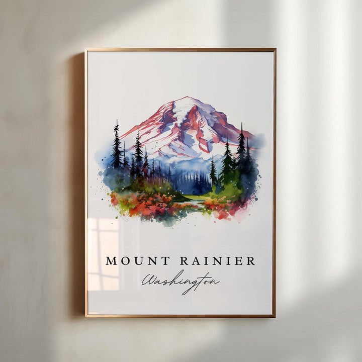 Mount Rainier traditional travel art - Washington, Mount Rainier poster print, Wedding gift, Birthday present, Custom Text, Perfect Gift