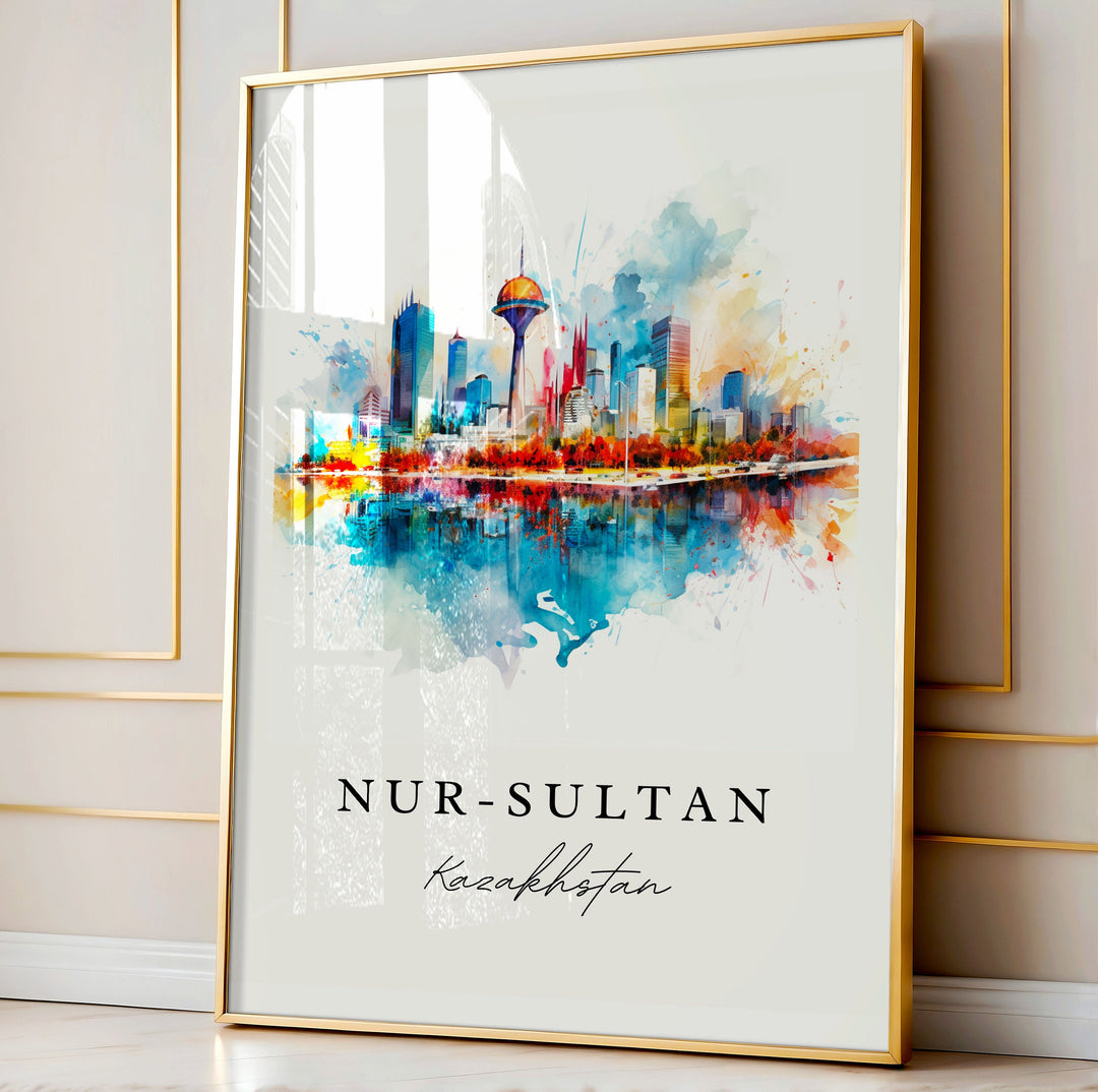 Nur-Saltan (Astana) traditional travel art - Kazakhstan, Nur-Saltan print, Wedding gift, Birthday present, Custom Text, Perfect Gift