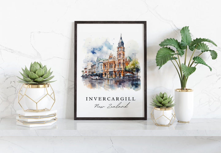 Invercargill traditional travel art - New Zealand, Invercargill poster, Wedding gift, Birthday present, Custom Text, Personalized Gift