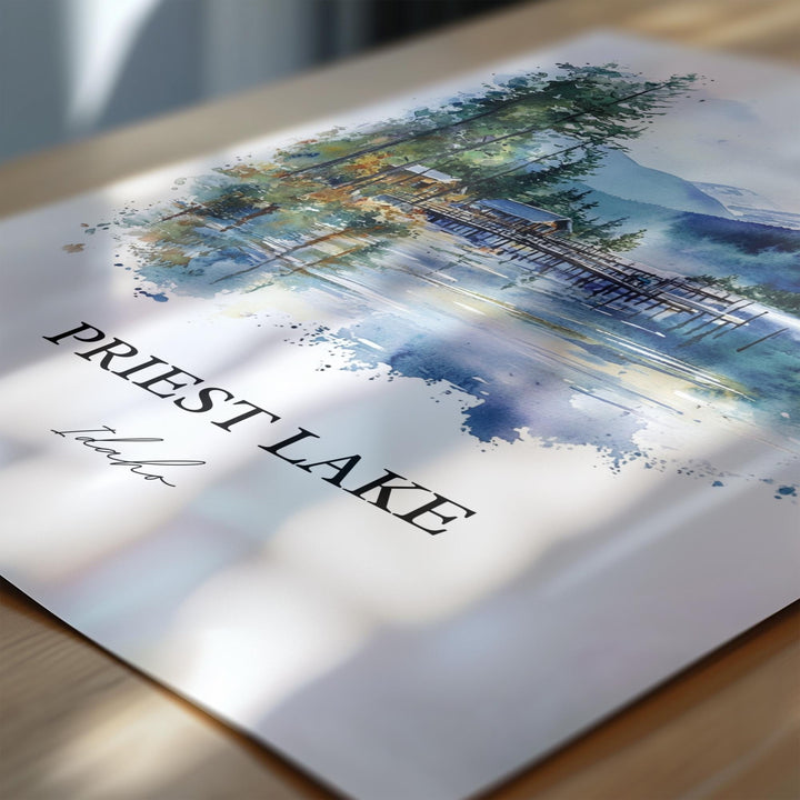 Priest Lake ID Wall Art, Priest River Idaho Print, Idaho Watercolor Art, Priest Lake Gift, Travel Print, Travel Poster, Housewarming Gift