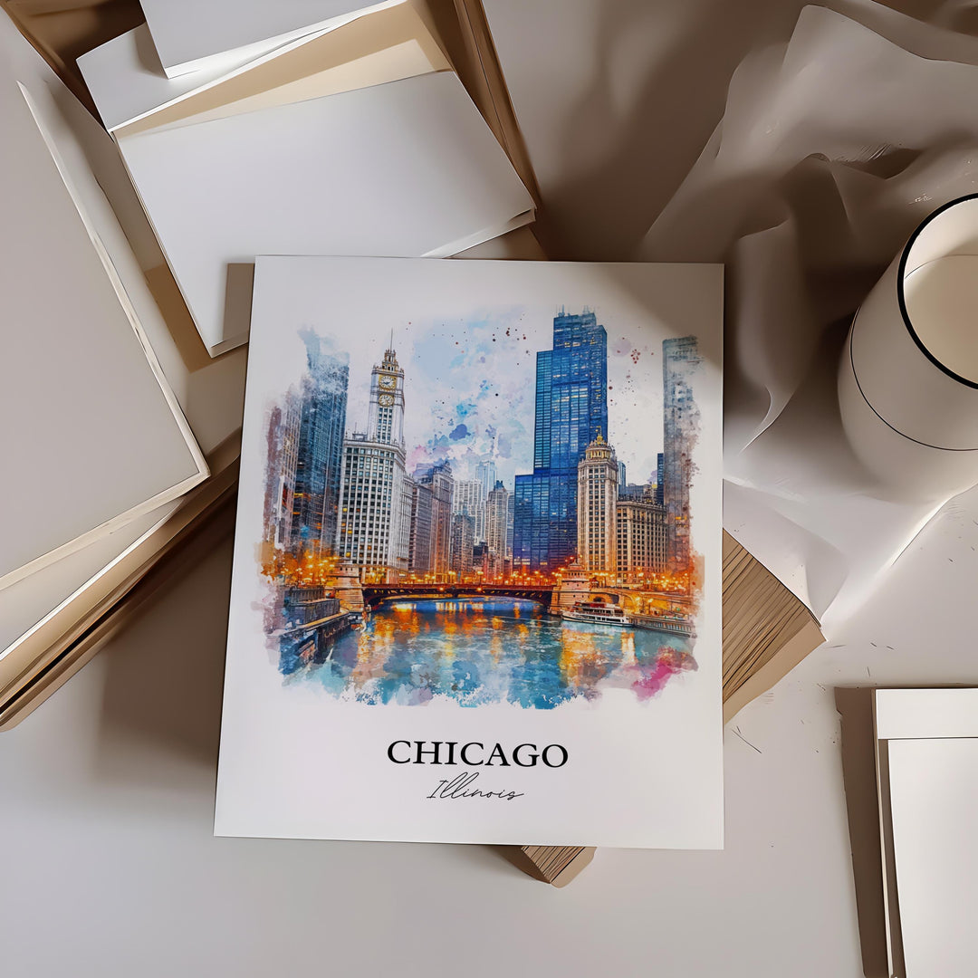Chicago IL Wall Art, Chicago Skyline Print, Chicago River Watercolor Art, Chicago Gift, Travel Print, Travel Poster, Housewarming Gift