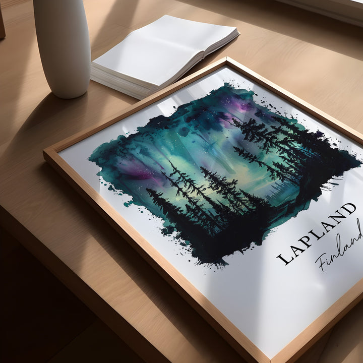 Lapland Finland Wall Art, Lapland Print, Lapland Watercolor, Northern Lights Gift, Travel Poster, Housewarming Gift