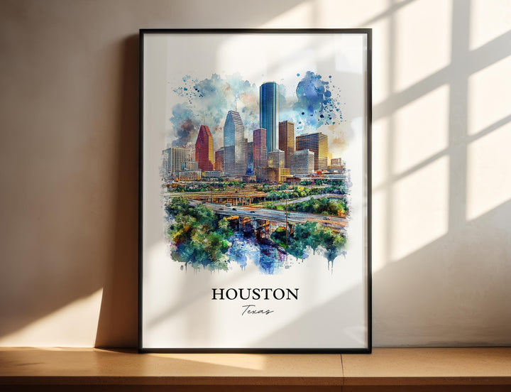 Houston TX Wall Art, Houston Print, Houston Watercolor Art, Houston Skyline Gift, Travel Print, Travel Poster, Housewarming Gift