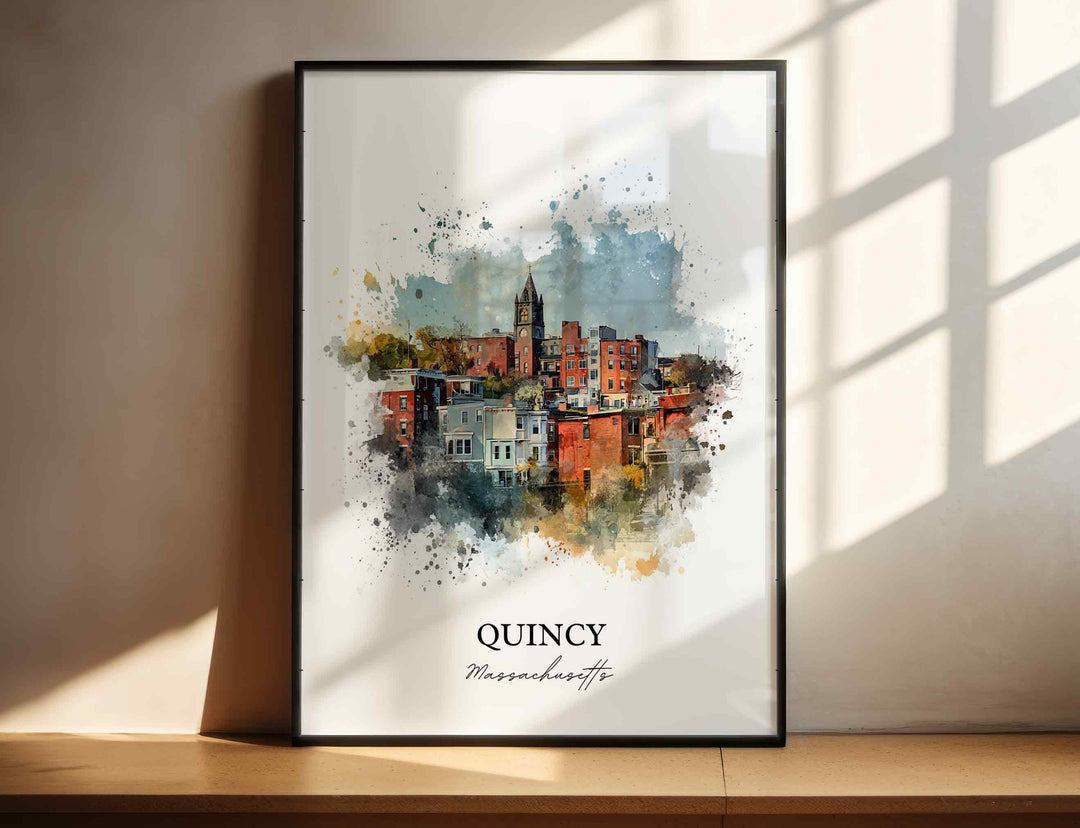Quincy MA Wall Art, Quincy Print, Quincy Watercolor Art, Norfolk County MA Gift, Travel Print, Travel Poster, Housewarming Gift