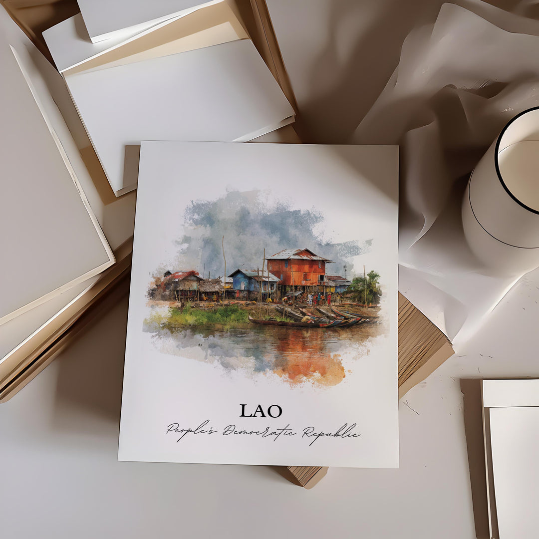 Lao Wall Art, Lao Print, Lao Country Watercolor Art, Lao Gift, Travel Print, Travel Poster, Housewarming Gift