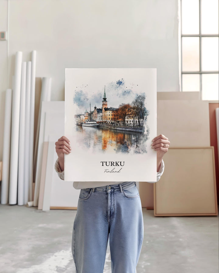 Turku Wall Art, Turku Print, Finland Watercolor Art, Turku Finland Gift, Aura River Travel Print, Travel Poster, Housewarming Gift