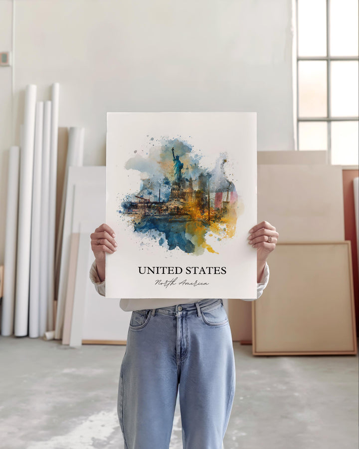 United States Art, United States Print, USA Watercolor Art, United States of America Gift, Travel Print, Travel Poster, Housewarming Gift
