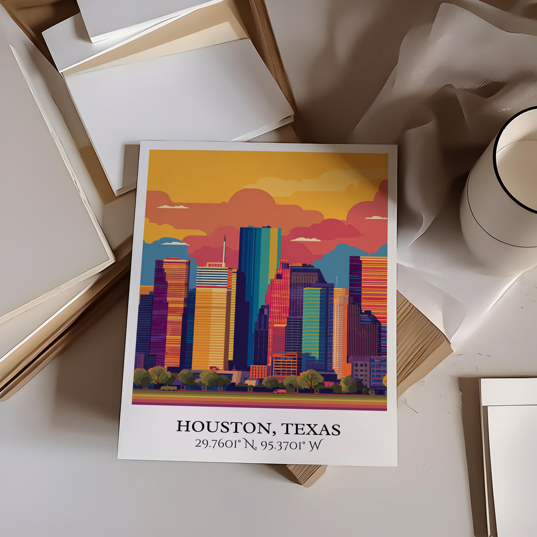 Houston Art, Houston Texas Retro Travel Art, Houston Home Decor, Houston Texas Gift, Texas Travel Art, Travel Prints, Housewarming Gift