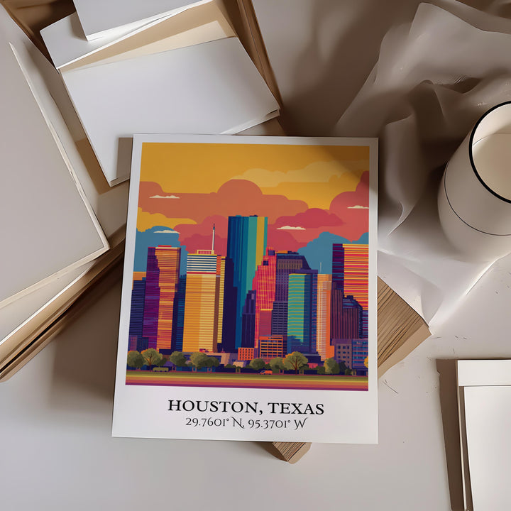 Houston Art, Houston Texas Retro Travel Art, Houston Home Decor, Houston Texas Gift, Texas Travel Art, Travel Prints, Housewarming Gift