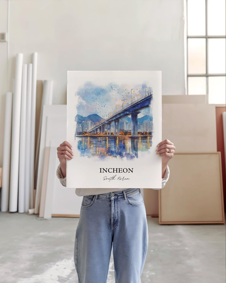 Incheon Wall Art, Seoul Print, South Korea Watercolor Art, Incheon Gift, Travel Print, Travel Poster, Housewarming Gift
