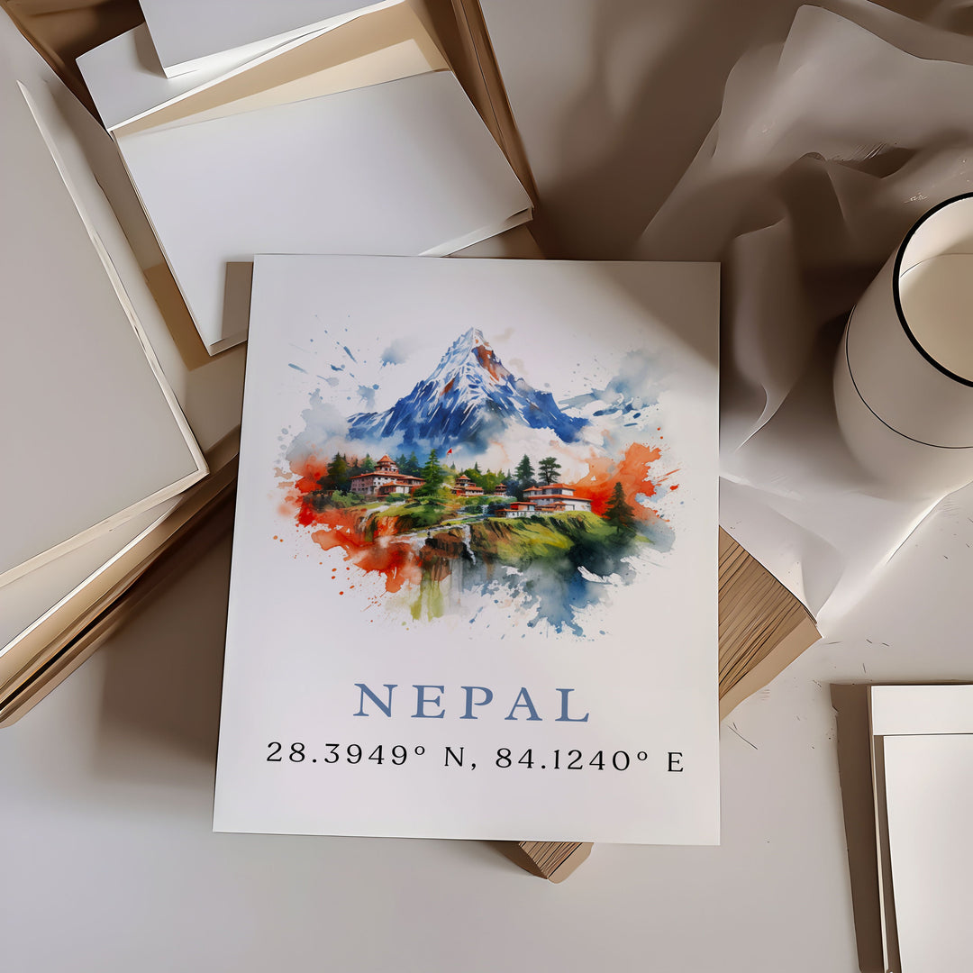 Nepal travel art - Nepal poster print with coordinates, Wedding gift, Birthday present, Custom Text, Perfect Gift