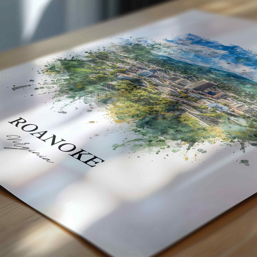 Roanoke VA Wall Art, Roanoke Print, Roanoke Watercolor Art, Roanoke Virginia Gift, Travel Print, Travel Poster, Housewarming Gift