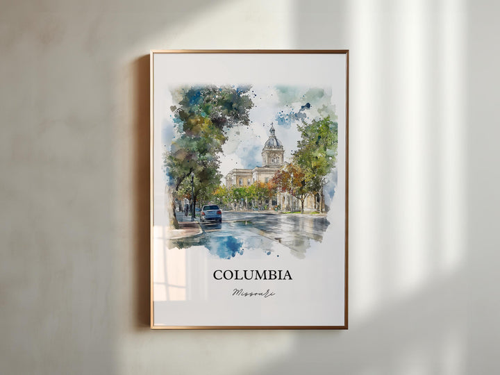 Columbia Missouri Art, Univ of Missouri City Print, Missouri Watercolor, Columbia MO Gift, Travel Print, Travel Poster, Housewarming Gift