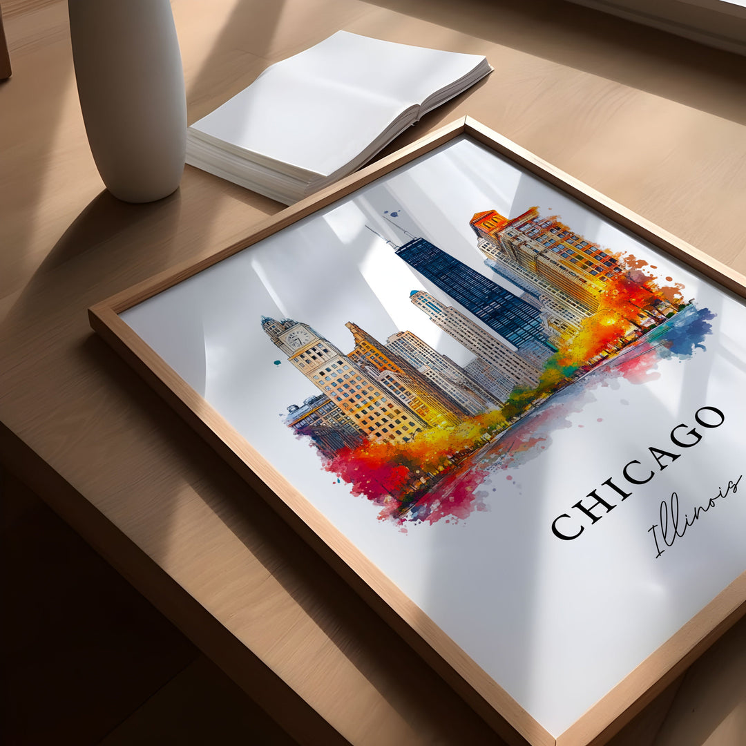 Chicago IL Wall Art, Chicago Print, Chicago Watercolor Art, Chicago Skyline Gift, Travel Print, Chicago Travel Poster, Housewarming Gift