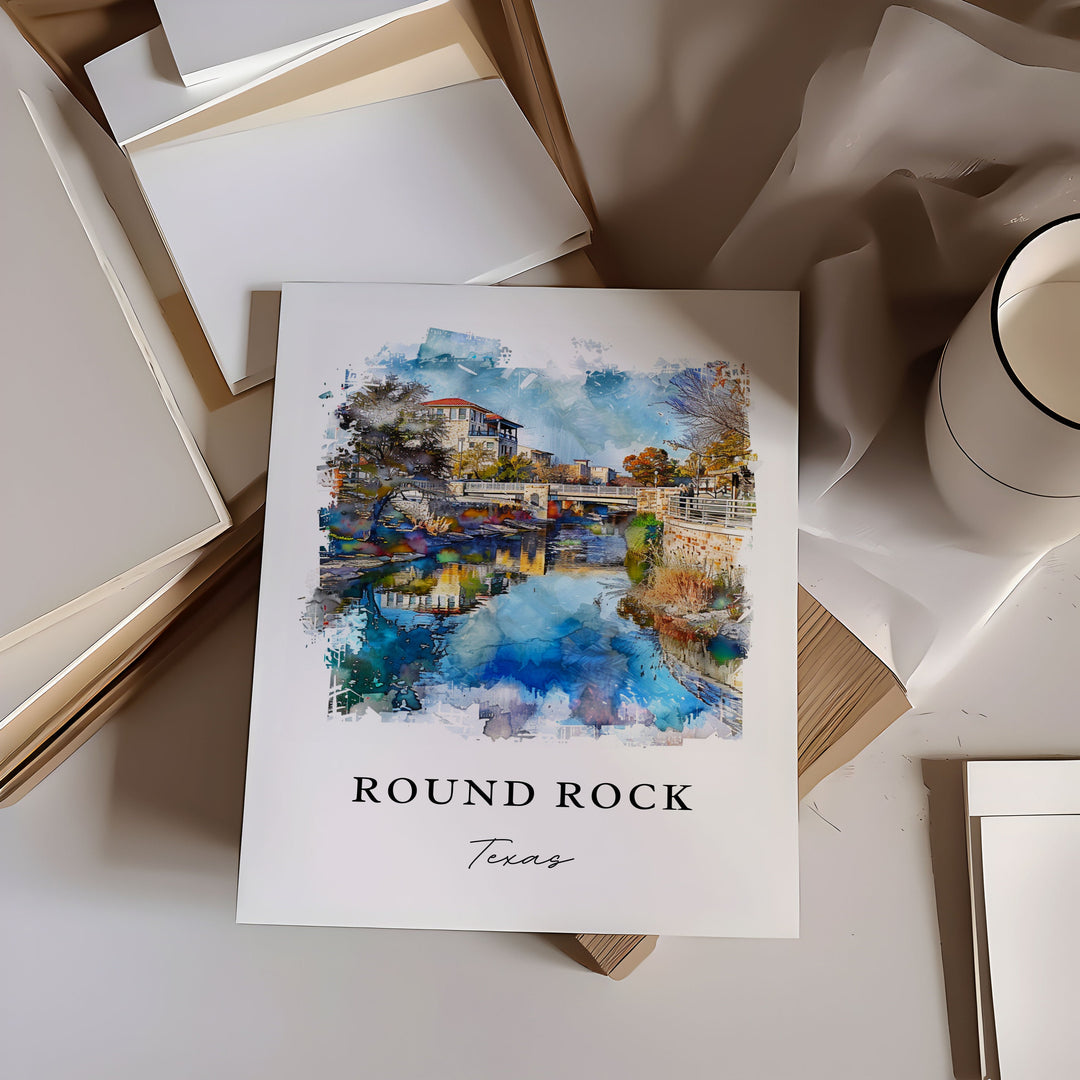 Round Rock TX Wall Art, Round Rock Print, Austin TX Watercolor Art, Round Rock Texas Gift,