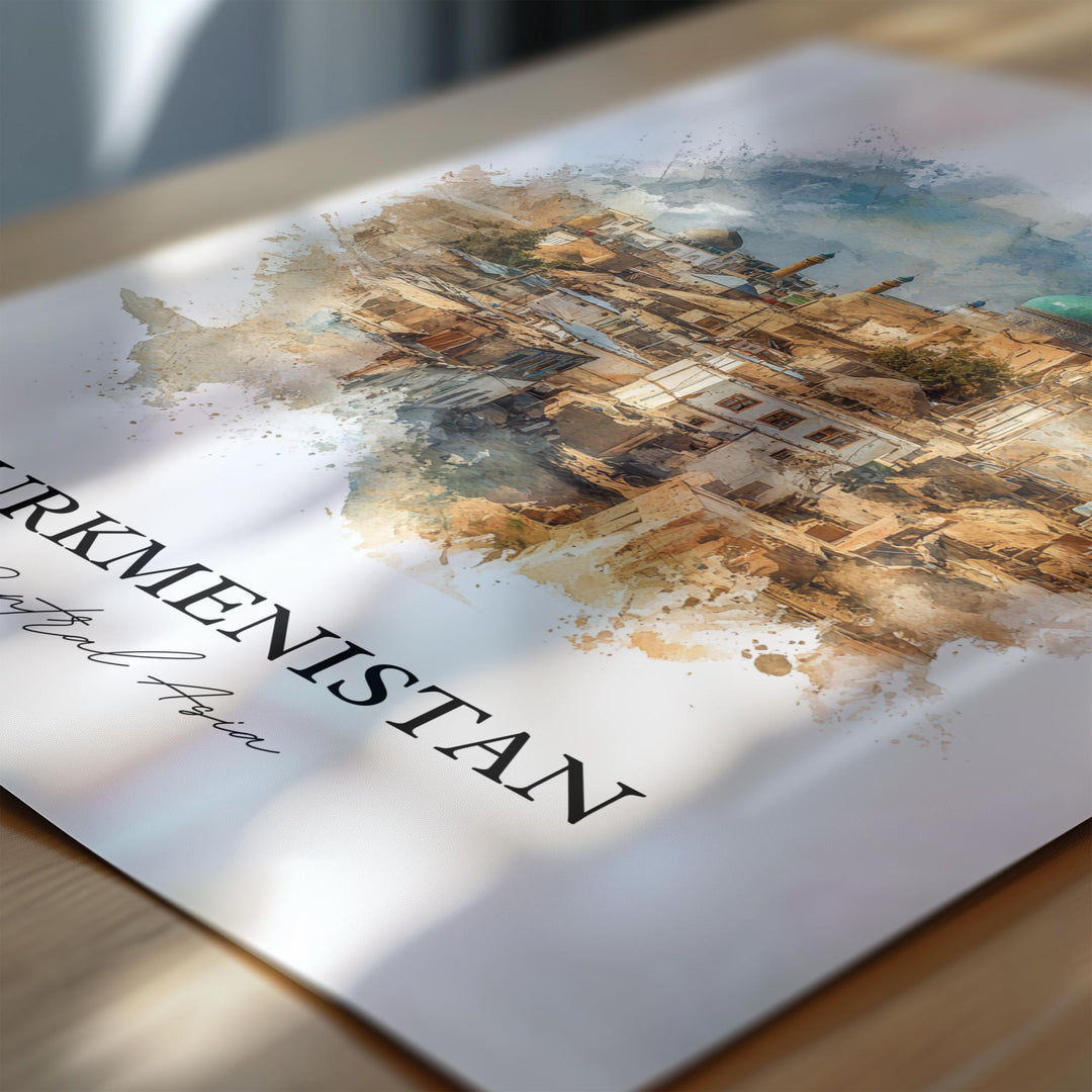Turkmenistan Wall Art, Turkmenistan Print, Asia Watercolor Art, Turkmenistan Country Gift, Travel Print, Travel Poster, Housewarming Gift
