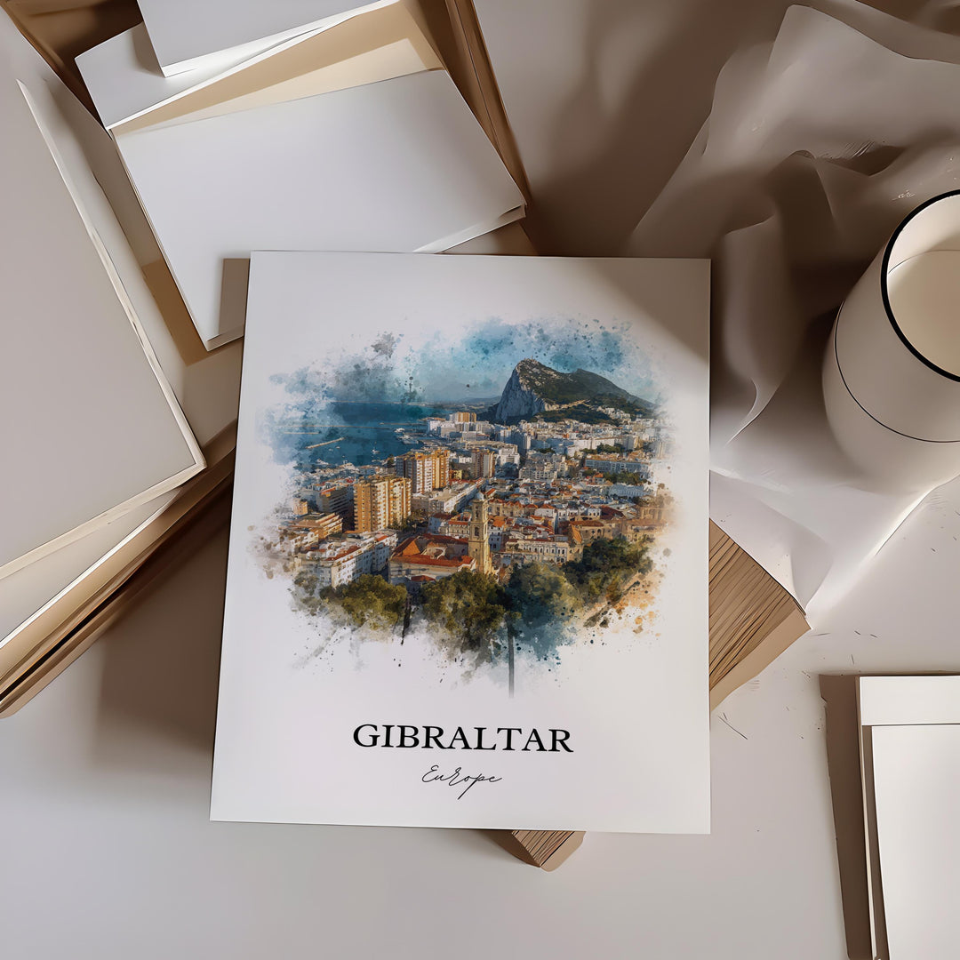 Gibraltar Wall Art, Gibraltar Print, Europe Watercolor Art, Gibraltar Gift, Travel Print, Travel Poster, Housewarming Gift