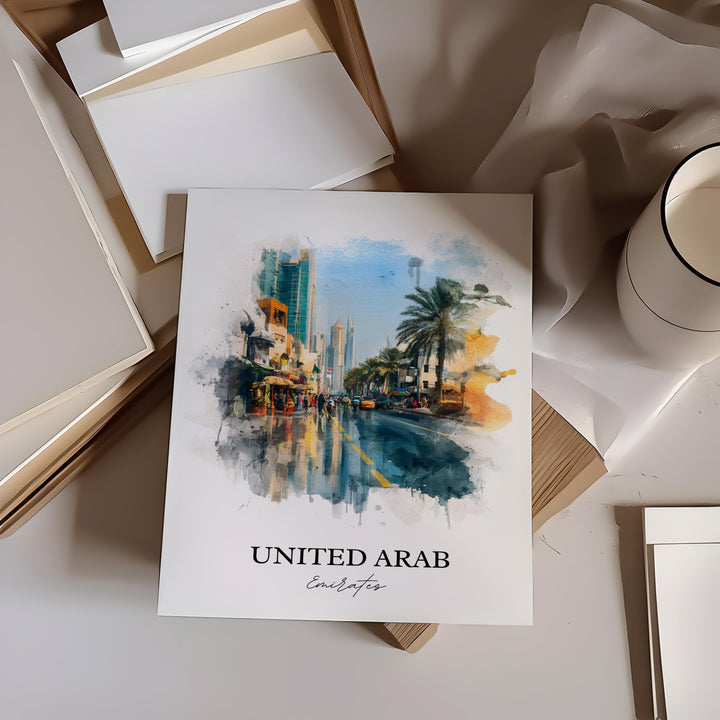 UAE Wall Art, United Arab Emirates Print, UAE Watercolor Art, UAE Travel Gift, Travel Print, Travel Poster, Housewarming Gift