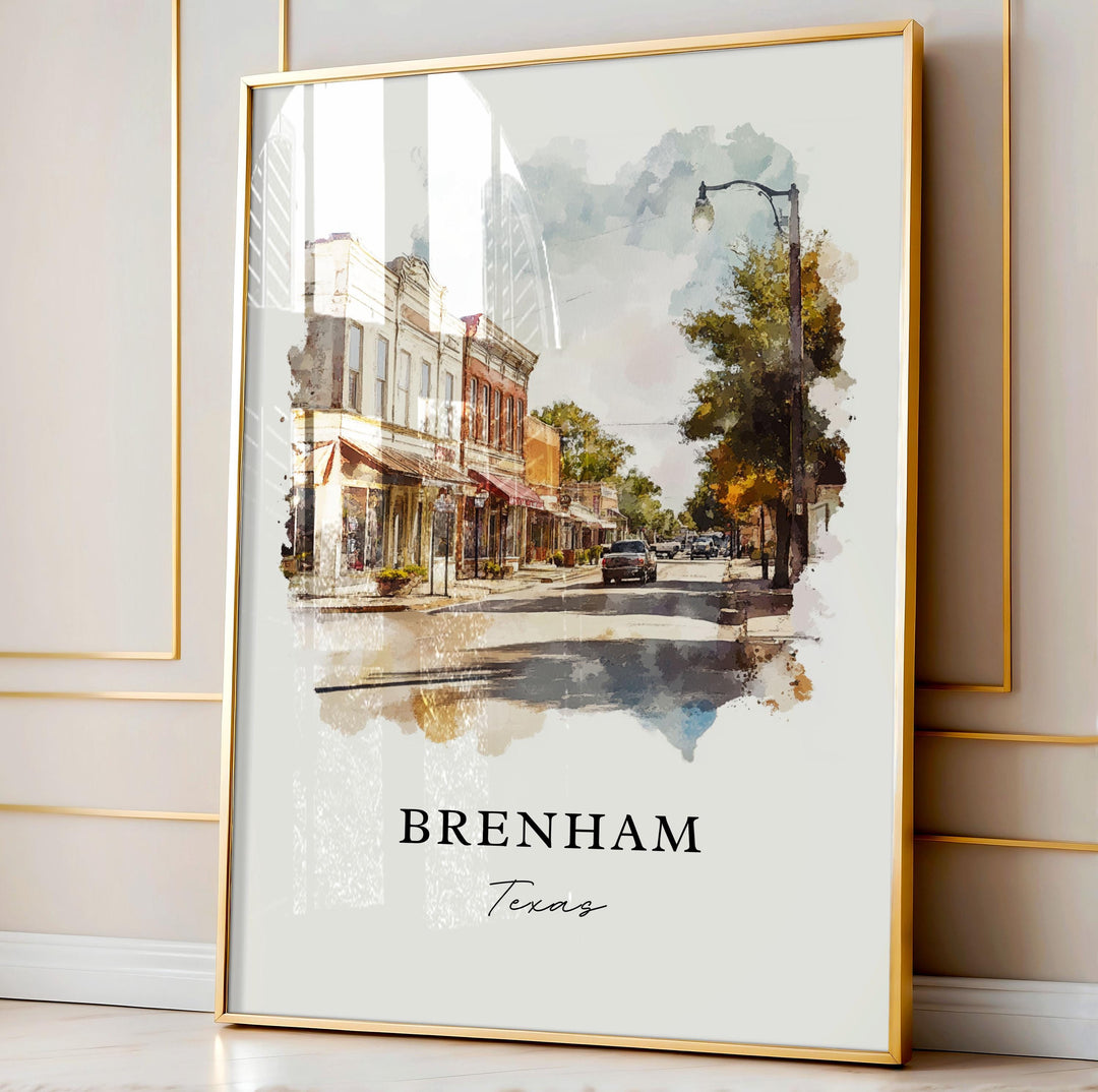 Brenham Texas Art, Brenham Print, Brenham TX Watercolor Art, Brenham Texas Town Gift, Travel Poster, Housewarming Gift