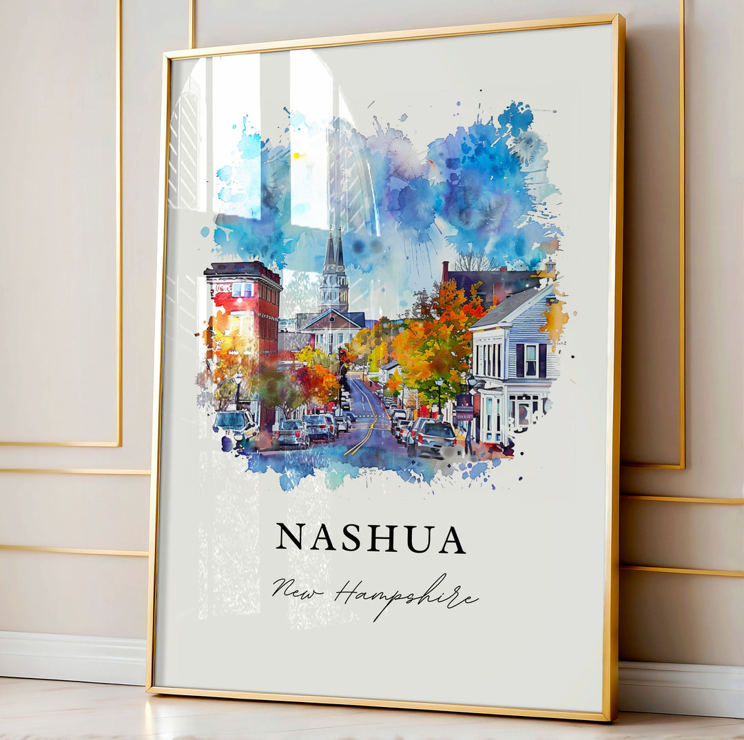 Nashua NH Wall Art, Nashua Print, Nashua Watercolor Art, Nashua New Hampshire Gift,