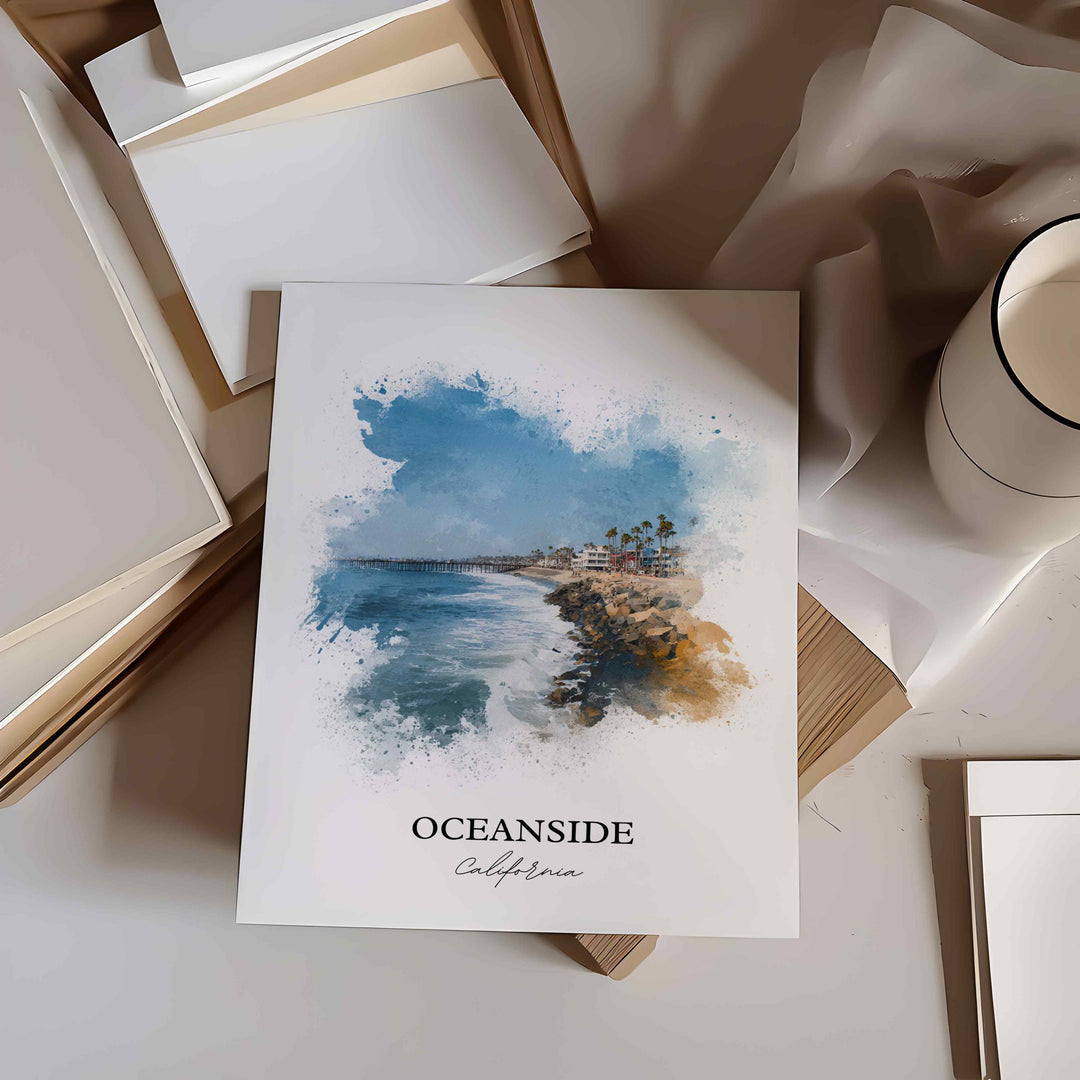 Oceanside CA Wall Art, Oceanside Print, Oceanside Watercolor Art, Harbor Beach Gift, Travel Print, Travel Poster, Housewarming Gift