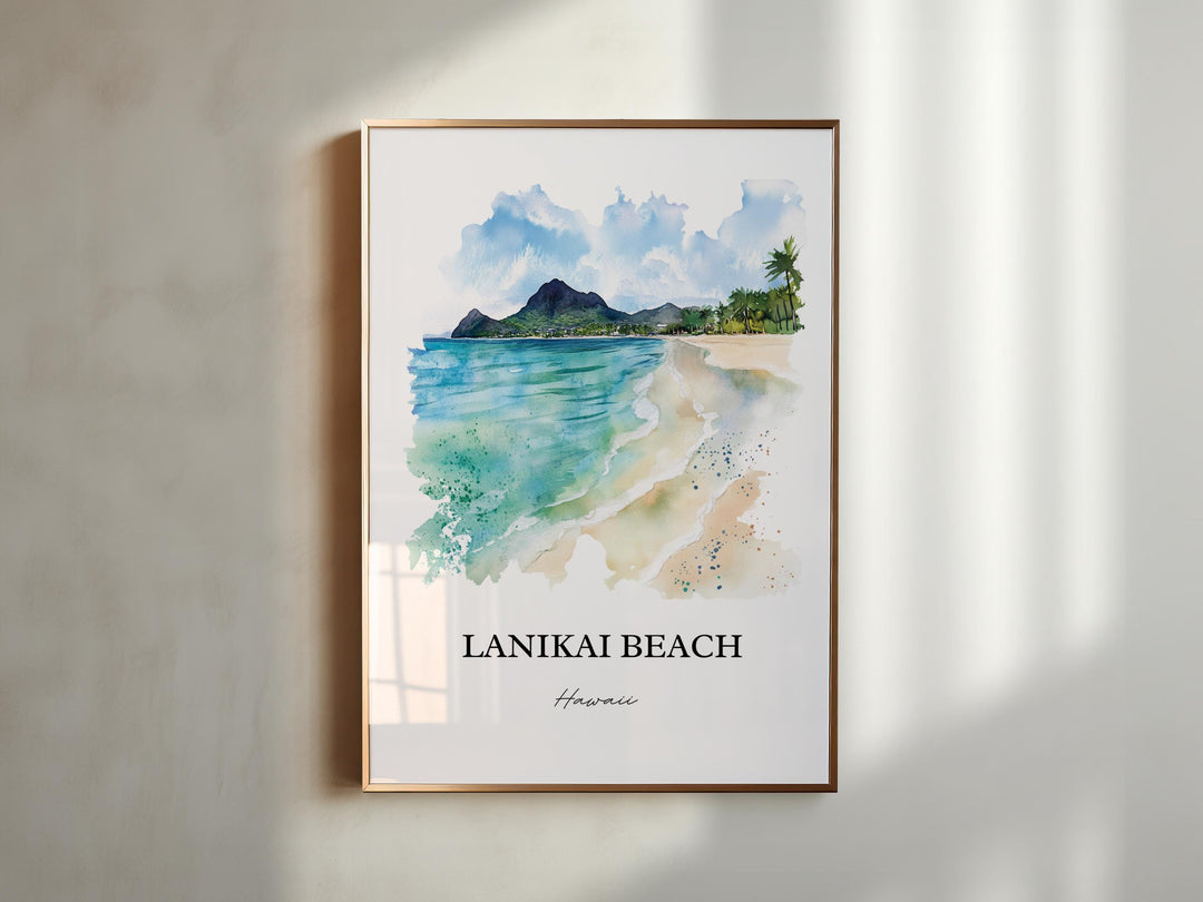 Lanikai Beach Wall Art, Kailua Print, Mokulua Islands Watercolor Art, Lanikai Beach Gift, Travel Print, Travel Poster, Housewarming Gift