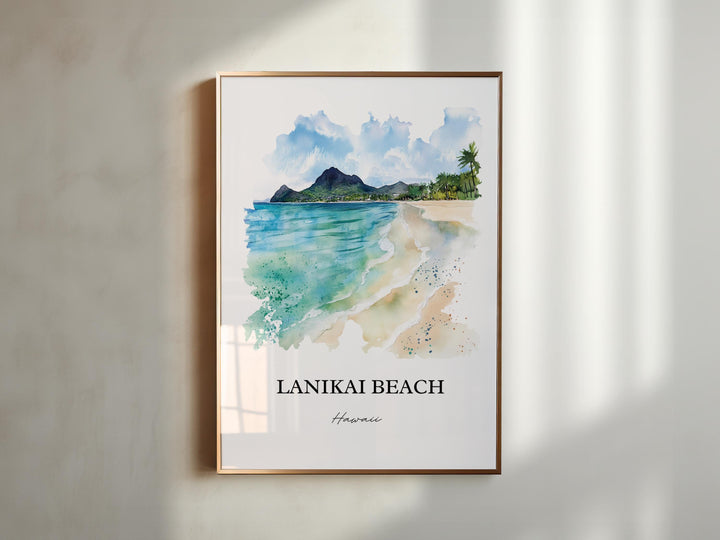Lanikai Beach Wall Art, Kailua Print, Mokulua Islands Watercolor Art, Lanikai Beach Gift, Travel Print, Travel Poster, Housewarming Gift