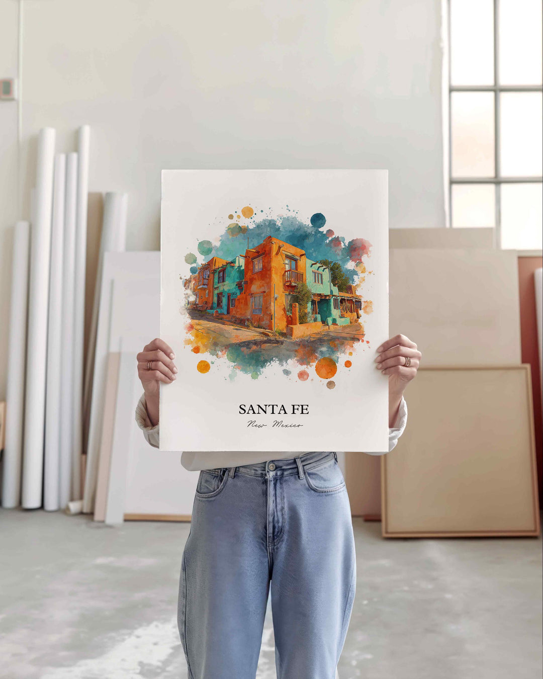 Santa Fe Wall Art, New Mexico Print, Santa Fe NM Watercolor Art, New Mexico Gift, Travel Print, Travel Poster, Housewarming Gift