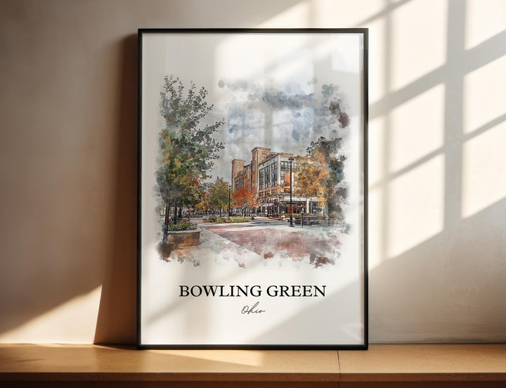 Bowling Green Wall Art, Wood County OH Print, Ohio Watercolor Art, Bowling Green OH Gift, Travel Print, Travel Poster, Housewarming Gift