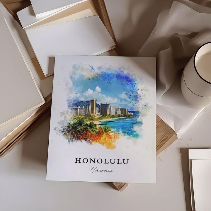 Honolulu Wall Art, Honolulu Skyline Print, Honolulu HI Watercolor Art, Honolulu Hawaii Gift,
