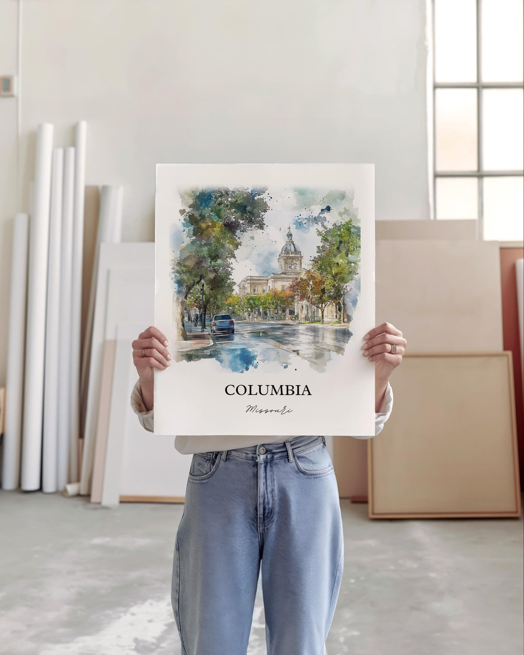 Columbia Missouri Art, Univ of Missouri City Print, Missouri Watercolor, Columbia MO Gift, Travel Print, Travel Poster, Housewarming Gift