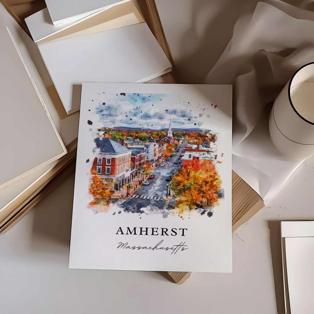 Amherst MA Wall Art, Amherst Print, Amherst Watercolor Art, Amherst Massachusetts Gift, Travel Poster, Housewarming Gift