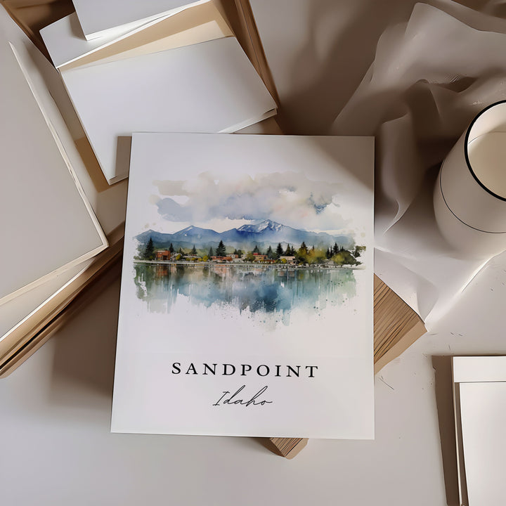 Sandpoint traditional travel art - Idaho, Sandpoint poster print, Wedding gift, Birthday present, Custom Text, Perfect Gift