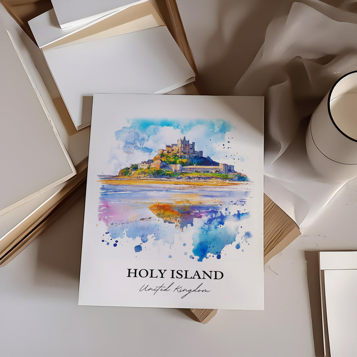 Holy Island Wall Art, Northumberland Print, England Watercolor Art, Holy Island UK Gift, Travel Print, Travel Poster, Housewarming Gift