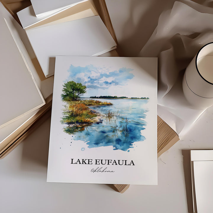 Lake Eufaula Wall Art, Eufaula Print, Oklahoma Watercolor Art, Lake Eufaula OK Gift, Travel Print, Travel Poster, Housewarming Gift