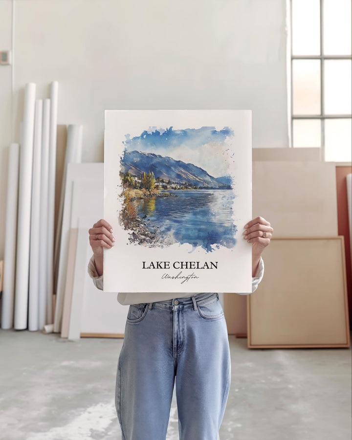 Lake Chelan Wall Art, Chelan County Print, Washington Watercolor Art, Lake Chelan Gift, Travel Print, Travel Poster, Housewarming Gift
