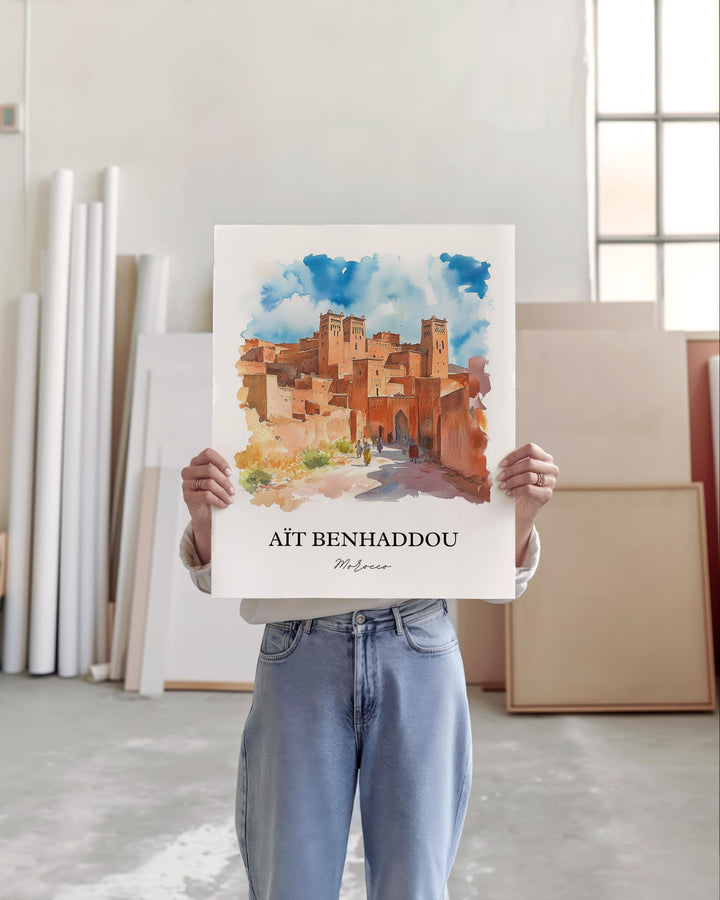 Ait Benhaddou Wall Art, Marrakesh Print, Morocco Watercolor Art, Ait Benhaddou Gift, Travel Print, Travel Poster, Housewarming Gift