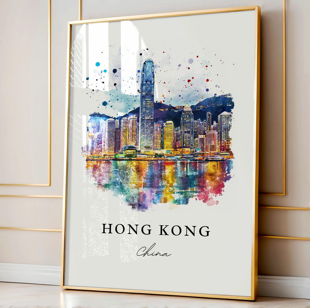 Hong Kong Wall Art, Hong Kong Print, Hong Kong Watercolor Art, Hong Kong Skyline Gift, China