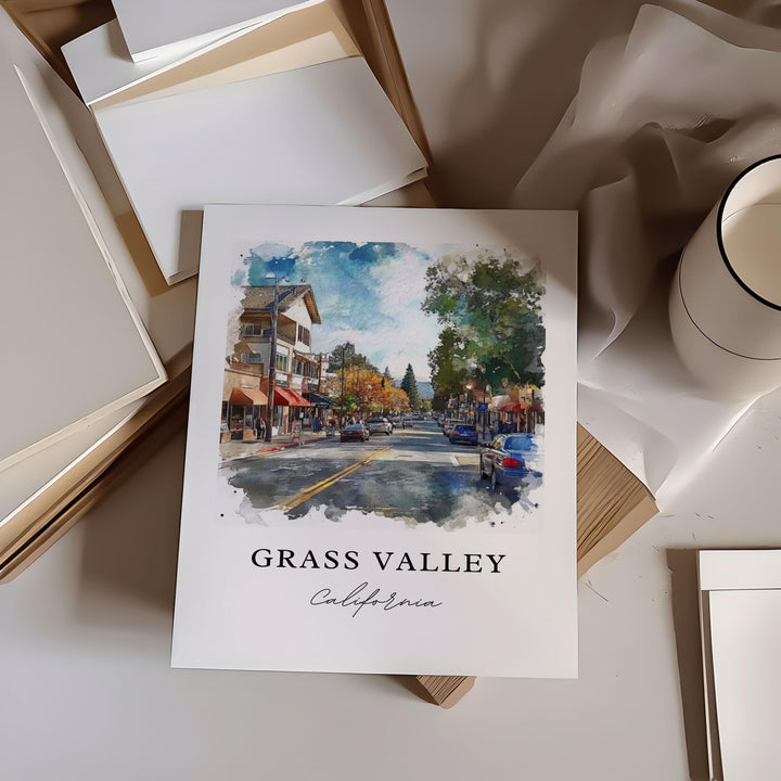 Grass Valley CA Art, Grass Valley Print, Nevada County CA Watercolor Art, Grass Valley Gift,
