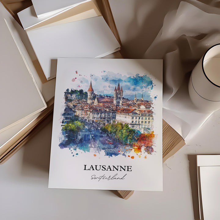 Lausanne Wall Art, Lausanne Print, Switzerland Watercolor Art, Lausanne Switzerland Gift, Travel Print, Travel Poster, Housewarming Gift