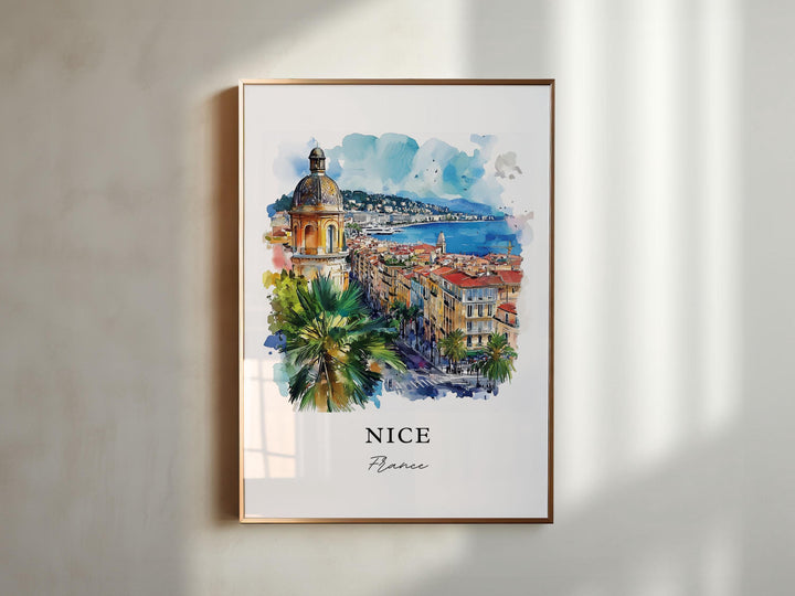 Nice France Wall Art, Nice FR Print, French Riviera Watercolor Art, Nice France Skyline Gift,