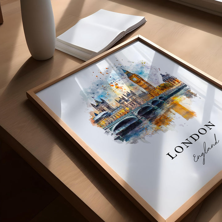 London England Wall Art, London Print, Big Ben Watercolor Art, London UK Art Gift,