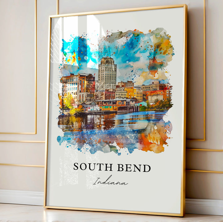 South Bend IN Wall Art, South Bend Print, South Bend Watercolor, Notre Dame South Bend Gift,